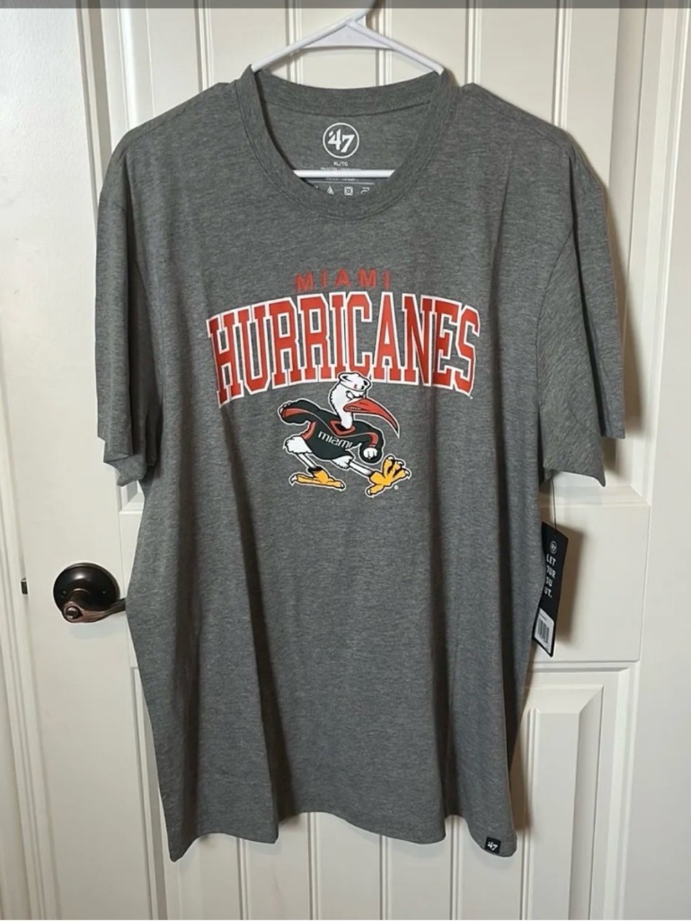 47 Brand Miami Hurricanes Gray Tee with Orange & Yellow Logo